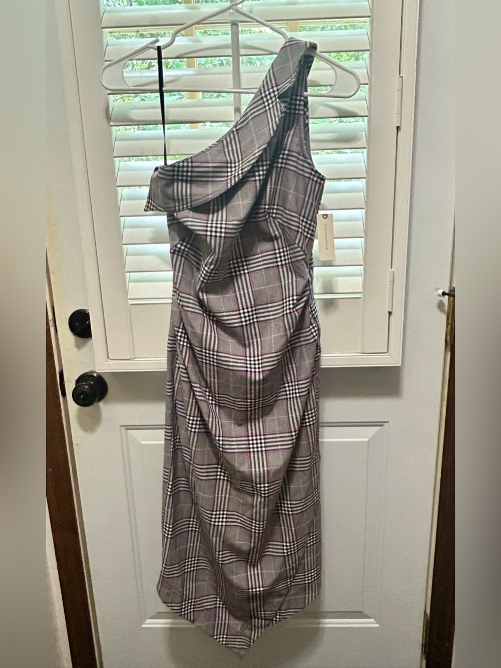 Plaid One-Shoulder Dress in Gray and Pink